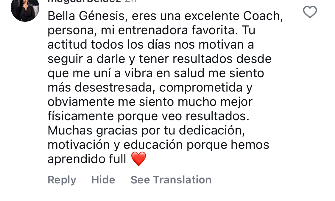 Mensaje de Magda felicitando a Génesis por su coaching y los resultados conseguidos