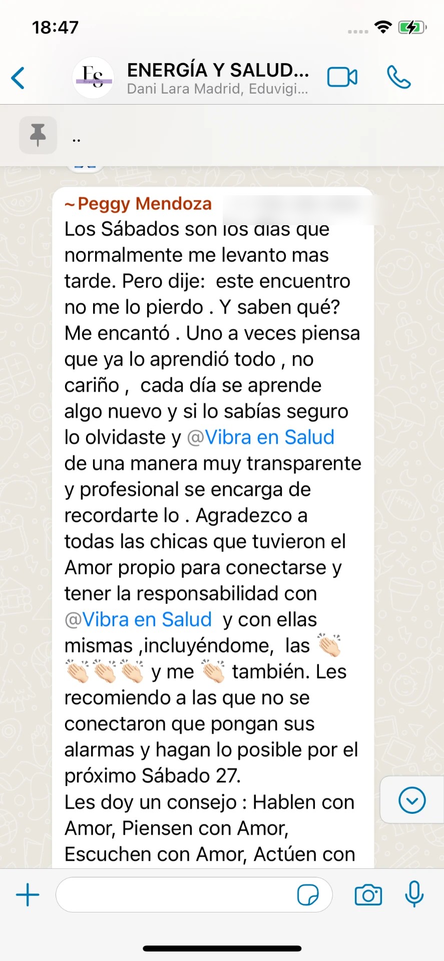 Mensaje largo de WhatsApp de Peggy Mendoza contando su experiencia durante el reto