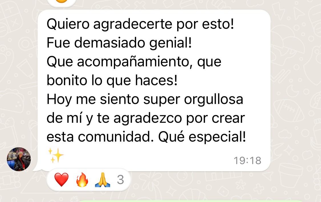 Mensaje de WhatsApp de una participante agradeciendo por la comunidad