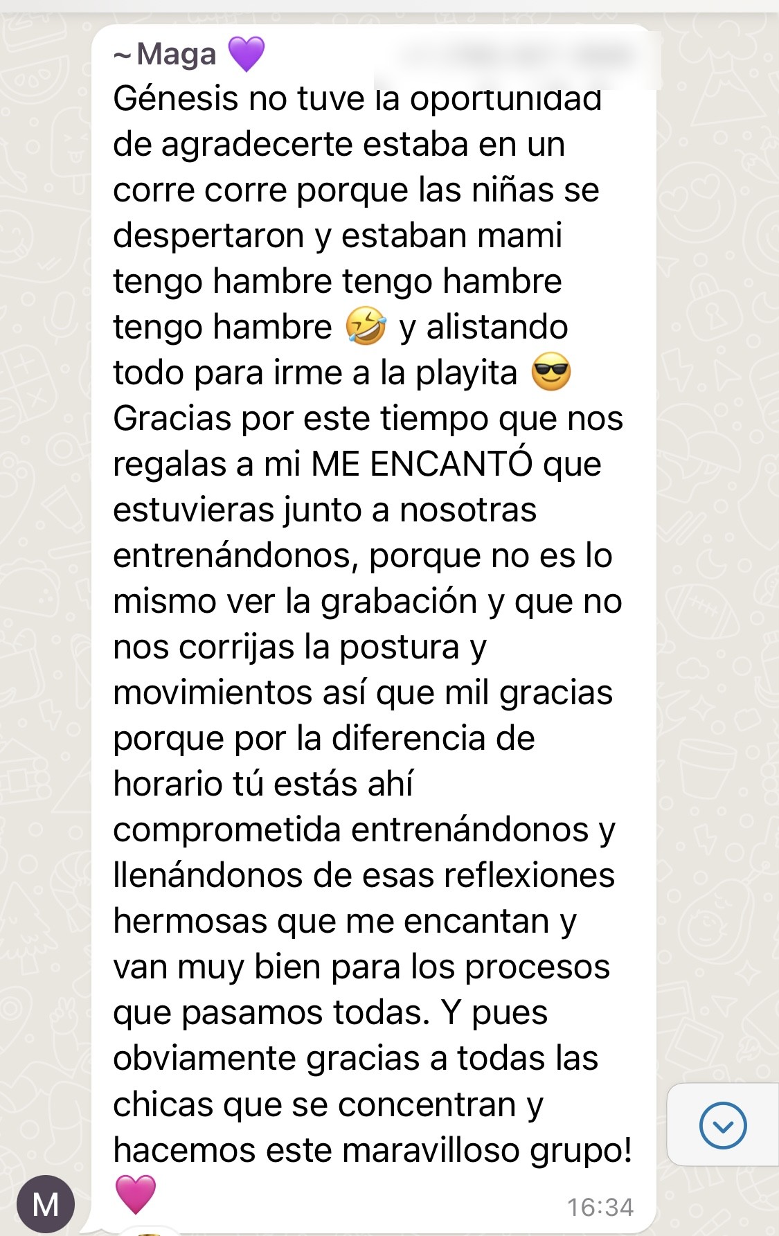 Mensaje largo de WhatsApp de Maga agradeciendo por el acompañamiento del reto