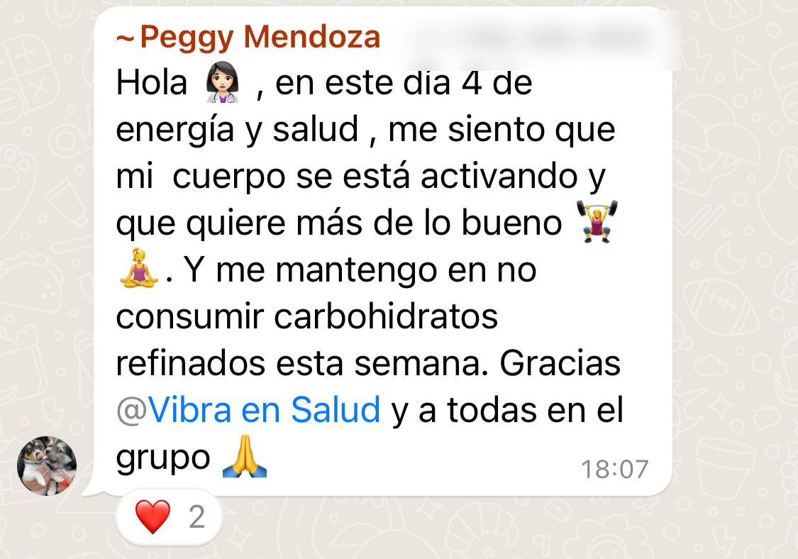 Mensaje de WhatsApp de Peggy Mendoza sobre el día 4 de energía y salud
