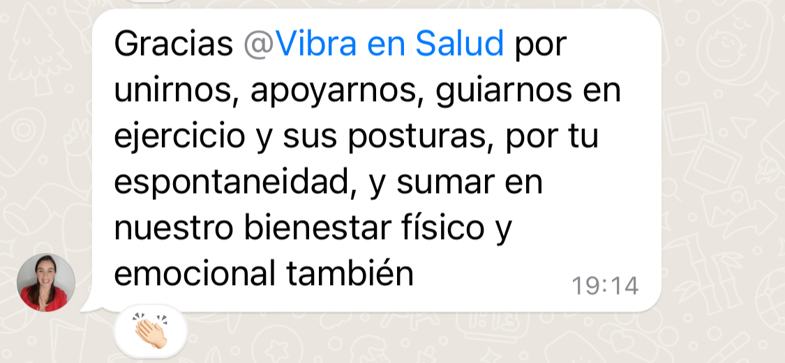 Mensaje de WhatsApp agradeciendo a Vibra en Salud por la guía en ejercicio y bienestar